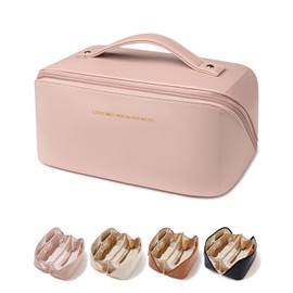 BagChic Large Capacity Makeup Bag, Portable Travel Make up Bag for Women, Waterproof Cosmetic Bags, Pouch Open Toiletry Bag Make up Organizer with Divider and Handle (Pink)