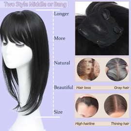 Hair Toppers for Women Real Human Hair, 360°3D Topper for Women with Thinning Crown Middle Clip in Bangs Breathable Hand Tied Craft Big Coverage Hairpieces (Dark Brown, 16 Inch-3D-Side)
