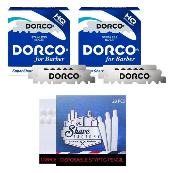 2x 100 DORCO Single Edge Razor Blades (half blades) + 20x The Shave Factory Styptic Matches