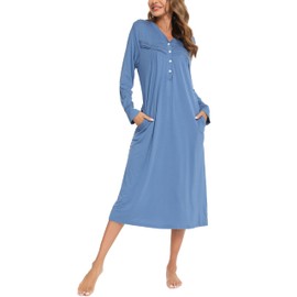 Sopesil Women's Long Nightdresses V Neck Soft Button Down Sleep Dress Ladies Classic Nightgowns Sleepwear with Pockets A-Cobalt Blue,L