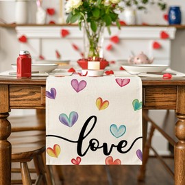 Artoid Mode Colorful Heart Love Valentine's Day Table Runner, Seasonal Anniversary Kitchen Dining Table Decoration for Indoor Home Party 13x72 Inch