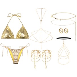 Yearntown 9pcs Gold Body Chains Beach Bikini Set for Women Waist Leg Chain Earring Hand Jewelry Accessories for Women