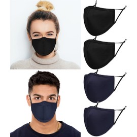 ecotru UK 4 Pack Reusable Cotton Face Masks, 2 Navy Blue, 2 Black Mask with Nose Wire for Glass Wearers, 3-Ply Washable & Breathable Fabric with Filter Pocket & Adjustable Loops
