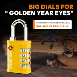 SURE LOCK TSA Accepted 4 Dig Heavy Duty Big Combination Luggage Padlock All Metal Travel Lock for Equipment Hard Case Luggage Gun Case Gym Locker Pelican Vault Lock (1, Yellow)