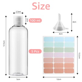5 Pcs 100ml Clear Travel Bottles Plastic Bottles with Lids Small Empty Bottles Refillable Travel Bottle Set with Funnels and Stickers for Liquids Toiletries Lotion Shampoo Conditioner Shower Gel