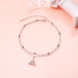 HOOHWE Ankle Bracelets For Women Sterling Silver Celtic Knot Anklets For Women Double layered Celtic Triangle Ankle Bracelet Beach Jewelry Adjustable Anklet Gift for Teens Girls