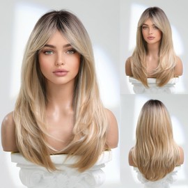 YURUITONG Women Long Blonde Ombre Wig with Deep Roots, Layered Synthetic Wig with Bangs Heat Resistant Fiber 24 Inch Daily Suitable