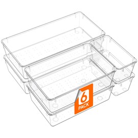 Lifewit 6 Pcs Large Bathroom Drawer Organizers, 3 Sizes Clear Plastic Storage Organizer Trays for Make Up, Kitchen Utensils, Vanity Accessories in Bathroom/Office/Dresser Organization