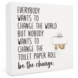 FHUGX Funny Bathroom Wooden Box Sign,Everybody Wants To Change The World Wood Box Sign,Funny Bathroom Toilet Paper Sign For Home Bathroom Toilet Tabletop Shelf Decor,5x5 Inch