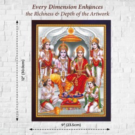 SANVIKA Hanuman Showing His Humbleness in Ram Darbar and Mata Sita Giving Blessings. A Holy Religious Poster Painting with Frame for Hindu Worship Purpose (COL11)