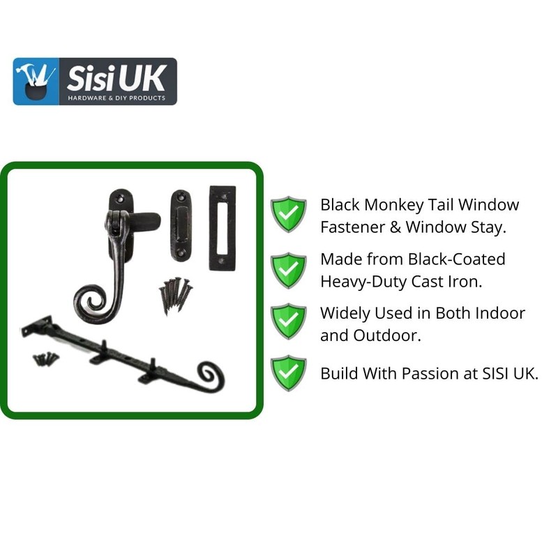 Black Monkey Tail Window Casement Fastener & Window Stays Combo