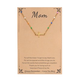 Dkodfi Cross Necklace for Women,14K Gold Plated Minimalist Cross Necklace Dainty Small Pendant Choker with Colorful Beads, Adjustable, Mom Necklace for Women, Religious Gift