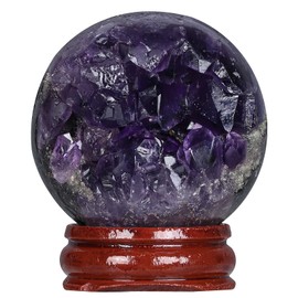 mookaitedecor Amethyst Geode Crystal Ball with Wooden Stand, Feng Shui Stone Ball Energy Cave for Home Office Decoration Chakra Balancing Meditation Divination, 40-50 mm