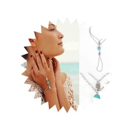 Erimberate Bohemian Turquoise Finger Bracelet Silver Flower Ring Hand Chain Bracelet Layered Slave Bracelet Retro Wrist Bracelet Beach Hand Chain Jewelry for Women