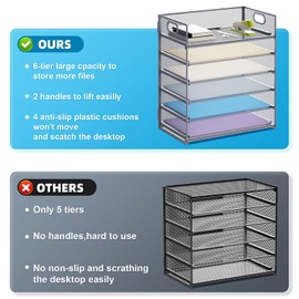 Marbrasse 6 Tier Paper Organizer Letter Tray - Mesh Desk File Organizer with Handle, Paper Sorter for Letter/A4 Office File Folder Holder - Grey