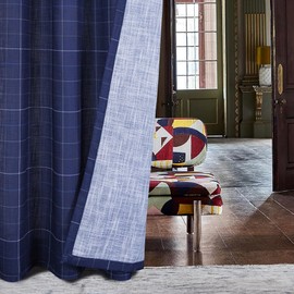 always4u Linen Look Plaid Curtains Modern Navy Blue Check Curtain for Living Room Bedroom 84 Inches Long Grommet Farmhouse Window Drapes Set of 2