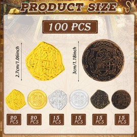 Hanaive 100 Pcs Pirate Coins Plastic Coins Kids Fake Play Coins Replica Spanish Doubloons St. Patrick's Coin for Pirate Party Treasure Chest Board Games Tokens Toys Cosplay (Gold, Silver, Bronze)