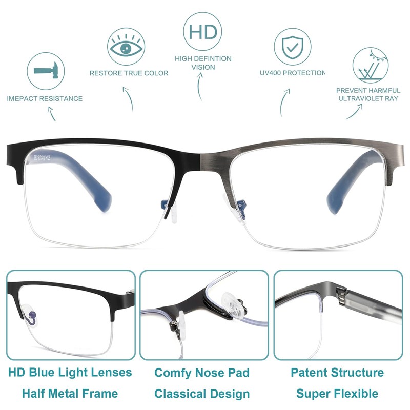 SUNAMOY 3 Pack Extra Wide Metal Reading Glasses Men, Large