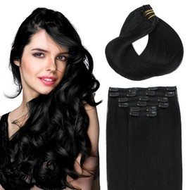 SAFIRENY Clip in Hair Extensions Human Hair, #1 Jet Black,18 Inch 120g,Natural Straight Clip On Hair Extensions 6pcs Per Set With 18 Clips Double Drawn(#1,18'')