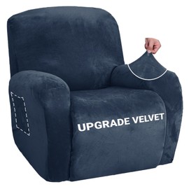 ZNSAYOTX Stretch Velvet Recliner Cover 4-Pieces, Thick Soft Recliner Chair Slipcover with Pocket, Non-Slip Elastic Bottom for Kids Pets, Luxury Plush Reclining Protector Comfy Washable (Navy Blue)