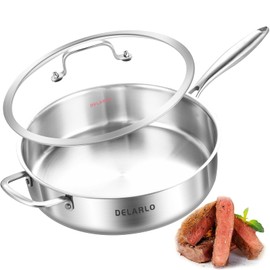 DELARLO Tri-Ply Stainless Steel 7QT Jumbo Cooker Saute Pan With Lid, 12.5 Inch Deep Frying Pan, Induction Large Skillet, Cooker Pan for Chefs, Dishwasher & Oven Safe