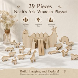 NEROSUN Noah's Ark Set Figurines, 29Pcs Wooden Christmas Animal Figurines Tabletop Decorations for Indoor Home Mantel Display, Montessori Minimalist Boho Christmas Easter Christian Faith Gifts