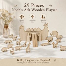 NEROSUN Noah's Ark Set Figurines, 29Pcs Wooden Christmas Animal Figurines Tabletop Decorations for Indoor Home Mantel Display, Montessori Minimalist Boho Christmas Easter Christian Faith Gifts