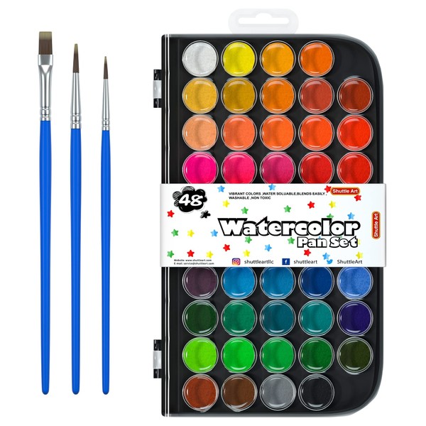 48 Colours Watercolour Paint Set, Shuttle Art Watercolour Paints Pan with 3 Paint Brushes Perfect for Kids Beginners Watercolour Painting