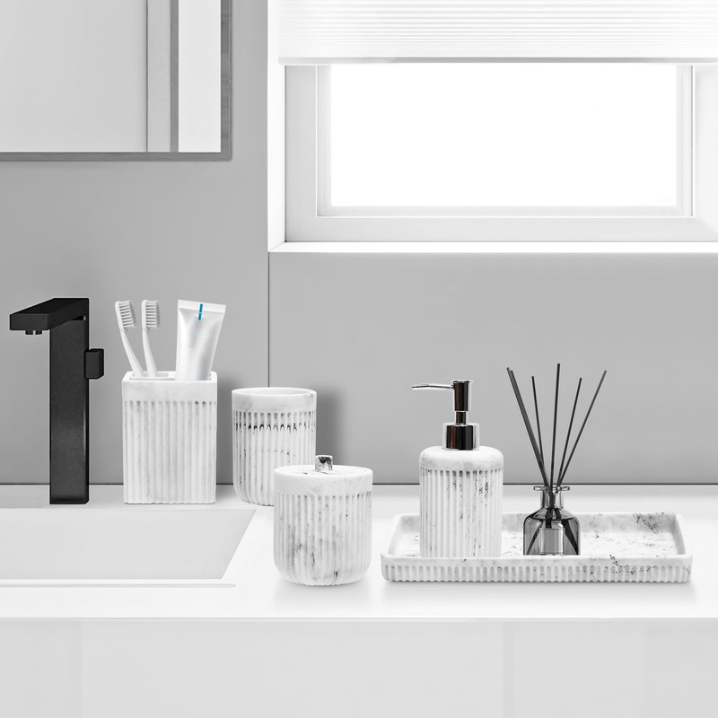 Resin White Marble Bathroom Accessories Set 5 Pcs, Lotion Soap
