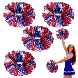 4 Pcs Metallic Cheerleading Pom Poms, 12Inch Cheerleader Pompoms with Baton Handle for Kids Adults School Team Sports Games Dance Cheering (Silver Blue Red)