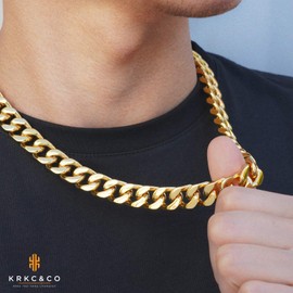 KRKC&CO Men’s Necklace, Width 0.3/0.5/0.6 inches (8/12/14 mm), 18K Gold Plating, Popular, Kihei (Curb) Miami Cuban Chain, Thick, Surgical Stainless Steel, Double Cut, Streetwear Accessories, Gift,