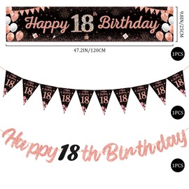 18th Birthday Decorations for Boys Girls - Happy 18th Birthday Banners Pennant Flags Garland, Crown Number 18 Foil Balloons and Large Yard Banner for 18 Years Old Party Supplies(Rose Gold)