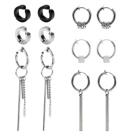 Tiszink Earrings, Men's, Ear Cuffs, Fake Earrings, Unisex, Non-Hole Earrings, Popular, Silver, Black, Unisex, For Both Ears, Hypoallergenic, 6 Pairs, Set of 12, Storage Pouch Included, Stainless Steel, No Gemstone