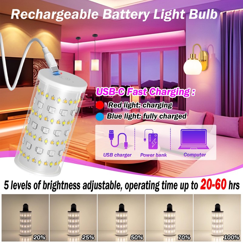 Battery Operated Light Bulb with Remote Control, 2 Pack Rechargeable