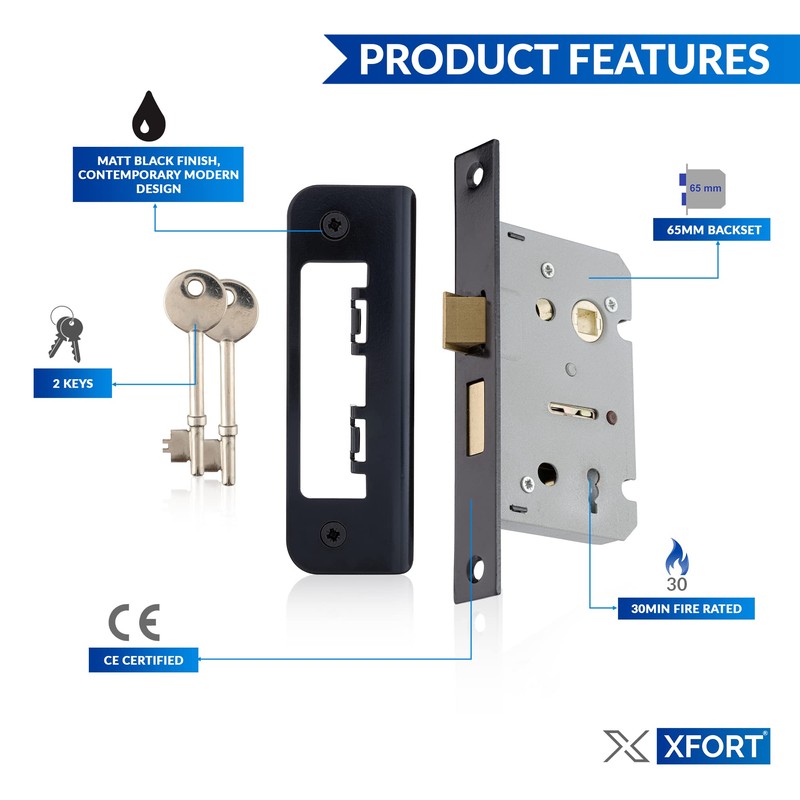 XFORT Matt Black 65mm Mortice Sashlock, Mortice Door Lock with