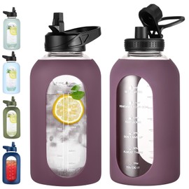 EALGRO 64 oz Glass Water Bottle With Straw and Handle, Half Gallon Sports Motivational Water Jug Flask with Silicone Sleeve, Large Water Cup with Time Marker for Travel, Gym, Dark Purple