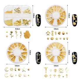 Scettar Set mit 4 Schachteln mit Nagelschmuck (goldfarben), Nail Charms, 3D-Nageldekoration, Dekoration und Zubehör für Nägel, Rosa, Sterne, Sonne, Kreuz