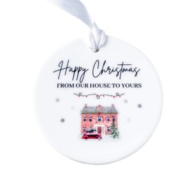 Happy Christmas From Our House To Yours Ceramic Christmas Tree Bauble Ornament (House With Car)