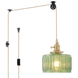 Shenmoyl Plug in Pendant Light Hanging Light Fixture Corded On/Off Switch Brass Pendant Light with Green Striped Glass Lampshade for Bedroom Living Room Kitchen Island