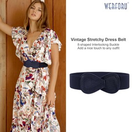 WERFORU Women Stretchy Cinch Belts 8-Shaped Interlock Buckle Faux Leather Elastic Wide Waist Belt for Dresses Navy Blue