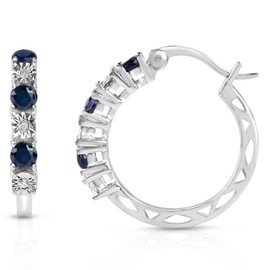 MAX + STONE Real Diamond & Blue Sapphire Hoop Earrings for Women | 925 Sterling Silver (1.2 cttw, 21MM = 0.83 inches Diameter)