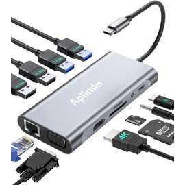 Aplimln 11-in-1 Hub USB C Multiport Adapter, Ethernet LAN Network Adapter with 4K HDMI VGA Adapter, USB 3.0 & 2.0 Ports, SD/TF Card Readers, 3.5 mm AUX, USB C Docking Station for MacBook Pro/Air Laptops