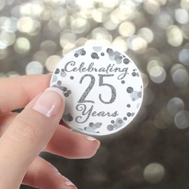 Silver 25th Anniversary Stickers - 40 Labels, 1.75” Round, Celebrating 25th Years - Wedding or Business Anniversary Party Favors Decorations