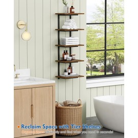 Harwaya 5 Tier Wall Bookshelf Unit for Bedroom Books, Large Floating Book Shelves Wall Mounted, Rustic Wood Lack Tiered Hanging Shelf for Kitchen Office Living Room Corner (Dark Brown)