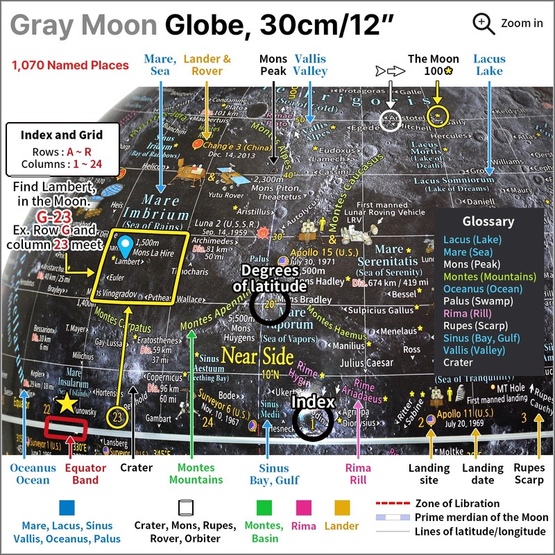 Mapsoft Prime Gray Moon Globe, 12" Lunar Globe and Atlas,