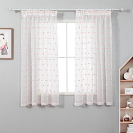 MYSKY HOME Curtains with Ruffle Tape, Short Voile Curtains for Children's Room, Modern for Curtain, Embroidery, Semi-Transparent Sliding Curtain, Living Room, Set of 2, Pink, H 160 x W 140 cm