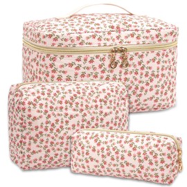 3 Pack Quilted Cotton Makeup Bag Puffy Cosmetic Pencil Pouch Large Capacity Flap Handheld Travel Cosmetic Bag Cute Coquette Floral Make Up Bag Organizer Aesthetic Toiletry Bag(3PCS-RED-Flowers)