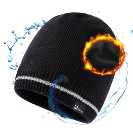 XL Men's Women's Oversize Winter Black Reflective Strips Wool Beanie Waterproof Fleece Lined Knit Cap Hat All-Weather Warm Rain X-Large Extra Large Big Head