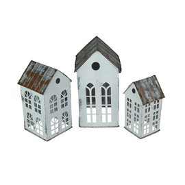 Enchanting Set of 3 Distressed White Metal House-Shaped Christmas Village Candle Holders: Rustic Farmhouse Charm for Cozy Winter Nights, Western Country Decor Accent Pieces