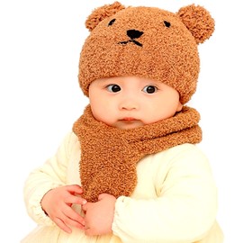 Miaotti Baby Knit Hat, Scarf, 2-Piece Set, Bear, Baby, Newborn, Winter, Ears, Cold Protection, 0-2 Years, One Size Fits Most, brown (light brown)